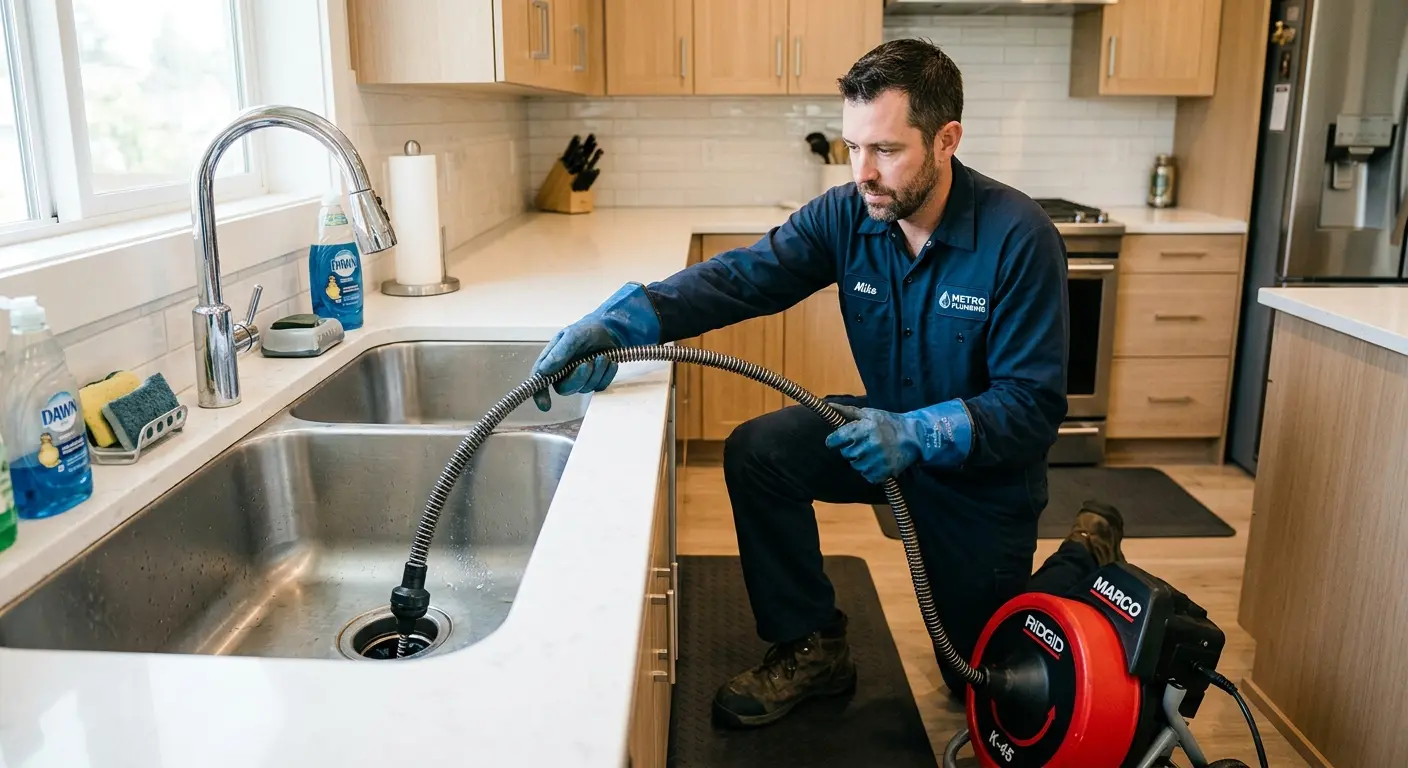 Drain cleaning technician using a motorized snake on a kitchen sink in Powell