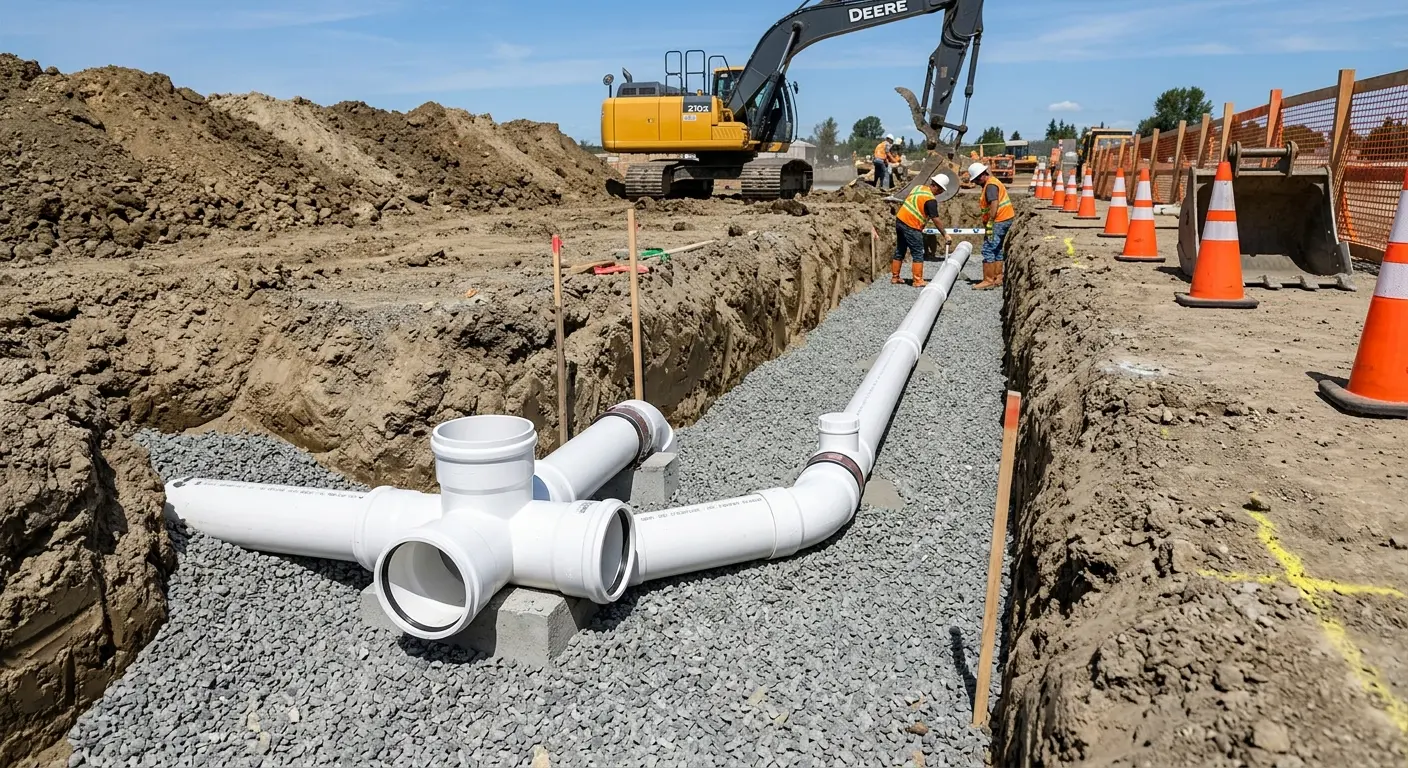 New PVC sewer pipe installation in open trench for Commercial Drain Cleaning in Powell