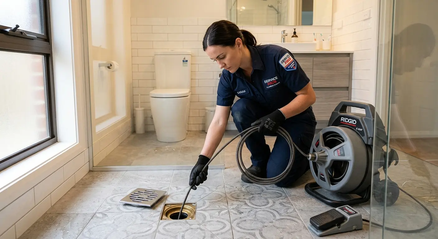 Technician clearing a bathroom floor drain for Drain Repair in Powell